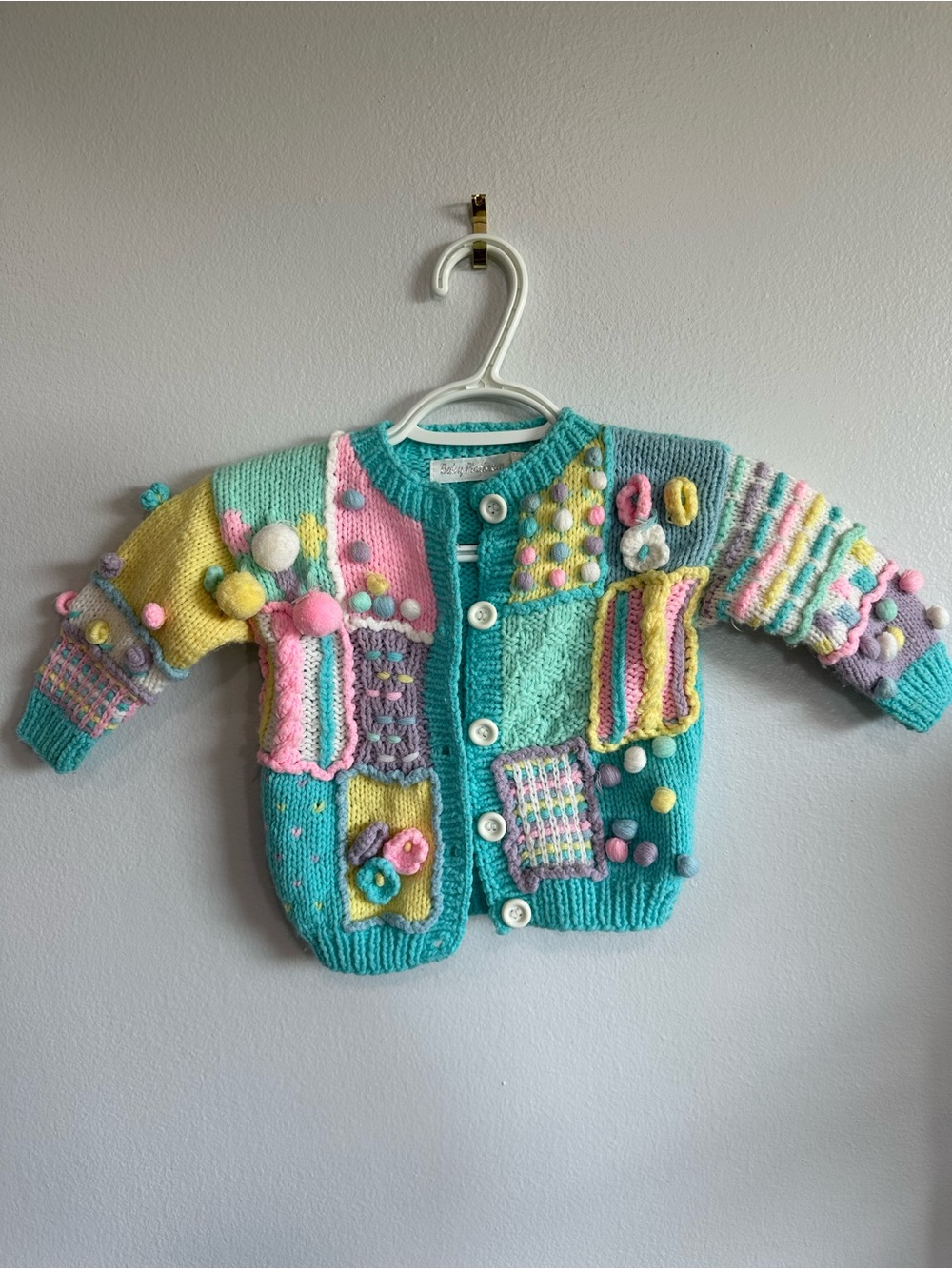 Baby Platinum Colorful Hand Knit Cardigan Sweater Pom Pom Patchwork